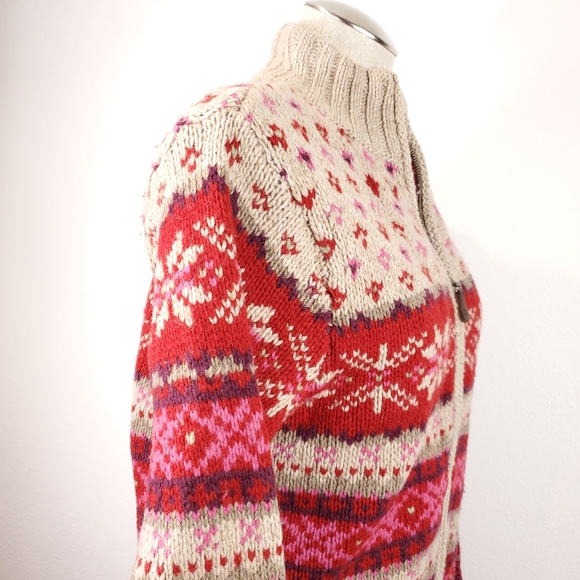 Eddie Bauer Pink/Red Fair Isle Lambswool Cardigan Sweater - Picture 5 of 8